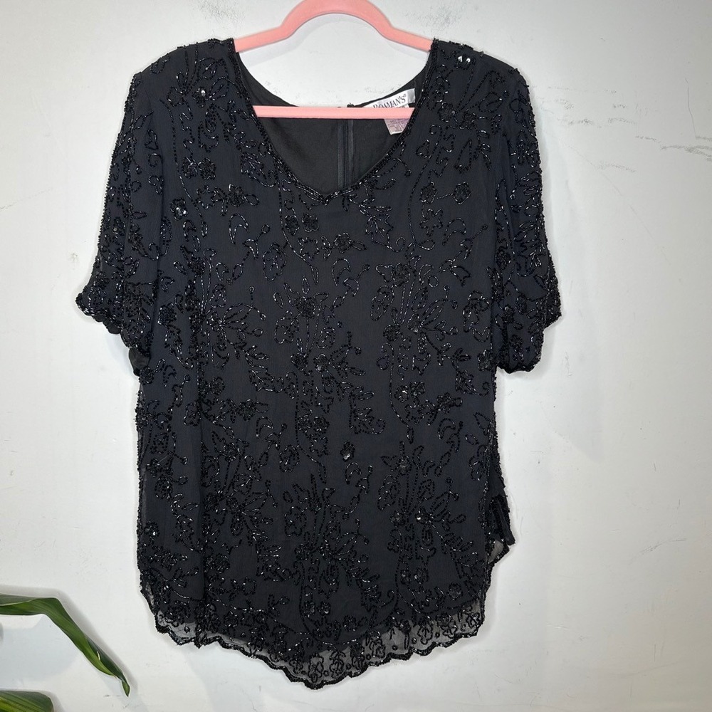 Regencycore Witch Black Silk Beaded Sequin Floral Blouse Evening Top Plus 20W XL